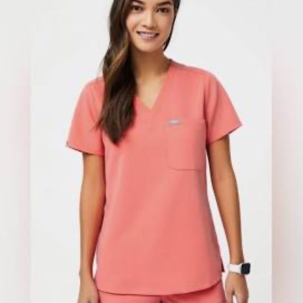 Fig's Women's One-Pocket Scrub Top Hot Coral